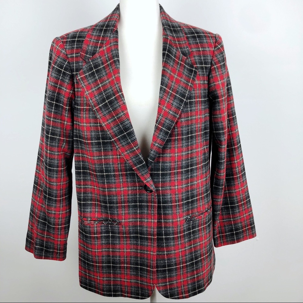 VTG Plaid Womens Wool Blazer Jacket One Button 10